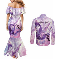 Personalized Polynesian Lupus Awareness Couples Matching Mermaid Dress and Long Sleeve Button Shirt Butterfly Hologram Lupus Warrior LT01 - Polynesian Pride