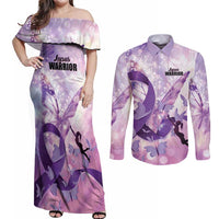 Personalized Polynesian Lupus Awareness Couples Matching Off Shoulder Maxi Dress and Long Sleeve Button Shirt Butterfly Hologram Lupus Warrior LT01 Purple - Polynesian Pride