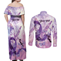 Personalized Polynesian Lupus Awareness Couples Matching Off Shoulder Maxi Dress and Long Sleeve Button Shirt Butterfly Hologram Lupus Warrior LT01 - Polynesian Pride