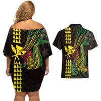 Hawaii Kakau Hammerhead Shark Couples Matching Off Shoulder Short Dress and Hawaiian Shirt Neon Plumeria Pattern LT01 - Polynesian Pride