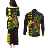 Hawaii Kakau Hammerhead Shark Couples Matching Puletasi and Long Sleeve Button Shirt Neon Plumeria Pattern