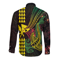 Hawaii Kakau Hammerhead Shark Long Sleeve Button Shirt Neon Plumeria Pattern