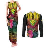 Hawaii Kanaka Maoli Flag Day Couples Matching Tank Maxi Dress and Long Sleeve Button Shirt Tropical Flowers