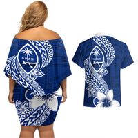 Hafa Adai Guam Couples Matching Off Shoulder Short Dress and Hawaiian Shirt Polynesian Floral Blue Pattern LT01 - Polynesian Pride