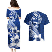 Hafa Adai Guam Couples Matching Puletasi Dress and Hawaiian Shirt Polynesian Floral Blue Pattern LT01 - Polynesian Pride