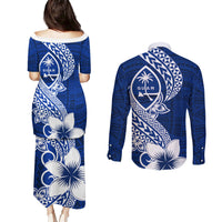 Hafa Adai Guam Couples Matching Puletasi Dress and Long Sleeve Button Shirt Polynesian Floral Blue Pattern LT01 - Polynesian Pride