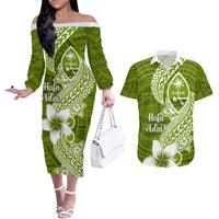 Hafa Adai Guam Couples Matching Off The Shoulder Long Sleeve Dress and Hawaiian Shirt Polynesian Olive Green Blue Pattern LT01 Green - Polynesian Pride