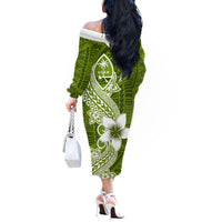 Hafa Adai Guam Off The Shoulder Long Sleeve Dress Polynesian Olive Green Blue Pattern LT01 - Polynesian Pride