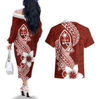 Hafa Adai Guam Couples Matching Off The Shoulder Long Sleeve Dress and Hawaiian Shirt Polynesian Floral Red Pattern LT01 - Polynesian Pride