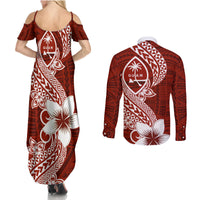 Hafa Adai Guam Couples Matching Summer Maxi Dress and Long Sleeve Button Shirt Polynesian Floral Red Pattern LT01 - Polynesian Pride