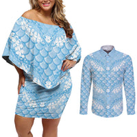 Baby Blue Mermaid Puakenikeni Maile Lei Couples Matching Off Shoulder Short Dress and Long Sleeve Button Shirt LT01 Blue - Polynesian Pride