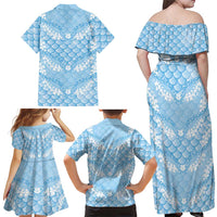 Baby Blue Mermaid Puakenikeni Maile Lei Family Matching Off Shoulder Maxi Dress and Hawaiian Shirt LT01 - Polynesian Pride
