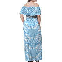 Baby Blue Mermaid Puakenikeni Maile Lei Family Matching Off Shoulder Maxi Dress and Hawaiian Shirt LT01 - Polynesian Pride