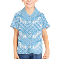 Baby Blue Mermaid Puakenikeni Maile Lei Family Matching Off Shoulder Maxi Dress and Hawaiian Shirt LT01 Son's Shirt Blue - Polynesian Pride