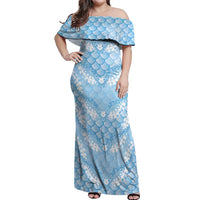 Baby Blue Mermaid Puakenikeni Maile Lei Off Shoulder Maxi Dress