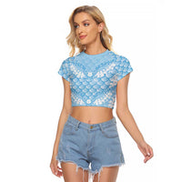 Baby Blue Mermaid Puakenikeni Maile Lei Raglan Cropped T Shirt