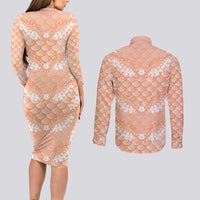 Apricot Mermaid Puakenikeni Maile Lei Couples Matching Long Sleeve Bodycon Dress and Long Sleeve Button Shirt LT01 - Polynesian Pride