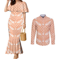 Apricot Mermaid Puakenikeni Maile Lei Couples Matching Mermaid Dress and Long Sleeve Button Shirt LT01 Apricot - Polynesian Pride