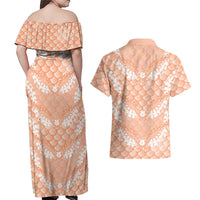 Apricot Mermaid Puakenikeni Maile Lei Couples Matching Off Shoulder Maxi Dress and Hawaiian Shirt LT01 - Polynesian Pride