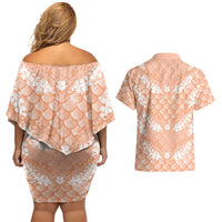 Apricot Mermaid Puakenikeni Maile Lei Couples Matching Off Shoulder Short Dress and Hawaiian Shirt LT01 - Polynesian Pride