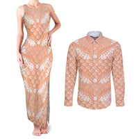 Apricot Mermaid Puakenikeni Maile Lei Couples Matching Tank Maxi Dress and Long Sleeve Button Shirt LT01 Apricot - Polynesian Pride