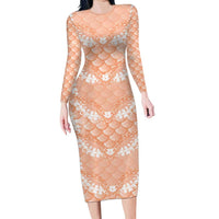 Apricot Mermaid Puakenikeni Maile Lei Long Sleeve Bodycon Dress LT01 Long Dress Apricot - Polynesian Pride
