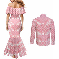 Soft Pink Mermaid Puakenikeni Maile Lei Couples Matching Mermaid Dress and Long Sleeve Button Shirt LT01 - Polynesian Pride