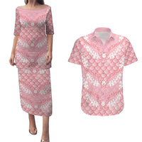 Soft Pink Mermaid Puakenikeni Maile Lei Couples Matching Puletasi and Hawaiian Shirt LT01 Pink - Polynesian Pride