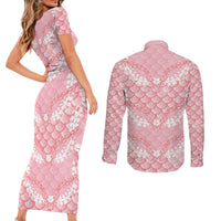 Soft Pink Mermaid Puakenikeni Maile Lei Couples Matching Short Sleeve Bodycon Dress and Long Sleeve Button Shirt LT01 - Polynesian Pride