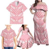 Soft Pink Mermaid Puakenikeni Maile Lei Family Matching Off Shoulder Maxi Dress and Hawaiian Shirt LT01 - Polynesian Pride