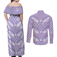 Lilac Mermaid Puakenikeni Maile Lei Couples Matching Off Shoulder Maxi Dress and Long Sleeve Button Shirt LT01 - Polynesian Pride