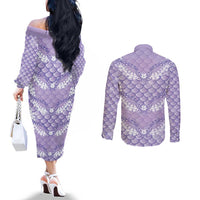 Lilac Mermaid Puakenikeni Maile Lei Couples Matching Off The Shoulder Long Sleeve Dress and Long Sleeve Button Shirt LT01 - Polynesian Pride