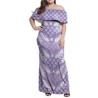 Lilac Mermaid Puakenikeni Maile Lei Family Matching Off Shoulder Maxi Dress and Hawaiian Shirt LT01 Mom's Dress Purple - Polynesian Pride