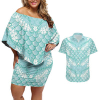 Light Turquoise Mermaid Puakenikeni Maile Lei Couples Matching Off Shoulder Short Dress and Hawaiian Shirt LT01 Turquoise - Polynesian Pride