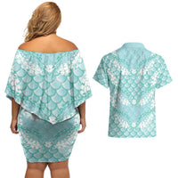 Light Turquoise Mermaid Puakenikeni Maile Lei Couples Matching Off Shoulder Short Dress and Hawaiian Shirt LT01 - Polynesian Pride