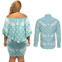 Light Turquoise Mermaid Puakenikeni Maile Lei Couples Matching Off Shoulder Short Dress and Long Sleeve Button Shirt LT01 - Polynesian Pride