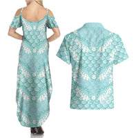 Light Turquoise Mermaid Puakenikeni Maile Lei Couples Matching Summer Maxi Dress and Hawaiian Shirt LT01 - Polynesian Pride