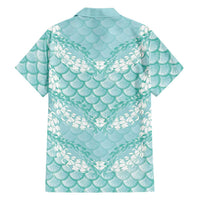 Light Turquoise Mermaid Puakenikeni Maile Lei Family Matching Off The Shoulder Long Sleeve Dress and Hawaiian Shirt LT01 - Polynesian Pride