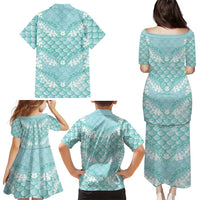 Light Turquoise Mermaid Puakenikeni Maile Lei Family Matching Puletasi and Hawaiian Shirt