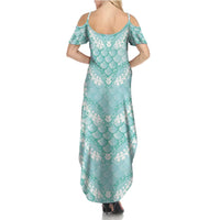 Light Turquoise Mermaid Puakenikeni Maile Lei Family Matching Summer Maxi Dress and Hawaiian Shirt