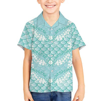 Light Turquoise Mermaid Puakenikeni Maile Lei Family Matching Summer Maxi Dress and Hawaiian Shirt