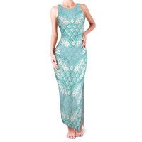 Light Turquoise Mermaid Puakenikeni Maile Lei Family Matching Tank Maxi Dress and Hawaiian Shirt LT01 Mom's Dress Turquoise - Polynesian Pride