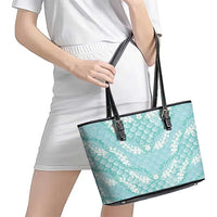 Light Turquoise Mermaid Puakenikeni Maile Lei Leather Tote Bag