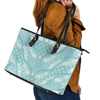 Light Turquoise Mermaid Puakenikeni Maile Lei Leather Tote Bag