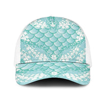 Light Turquoise Mermaid Puakenikeni Maile Lei Mesh Trucker Cap LT01 One Size White Turquoise - Polynesian Pride