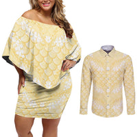 Pastel Yellow Mermaid Puakenikeni Maile Lei Couples Matching Off Shoulder Short Dress and Long Sleeve Button Shirt