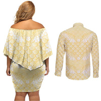 Pastel Yellow Mermaid Puakenikeni Maile Lei Couples Matching Off Shoulder Short Dress and Long Sleeve Button Shirt