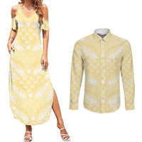 Pastel Yellow Mermaid Puakenikeni Maile Lei Couples Matching Summer Maxi Dress and Long Sleeve Button Shirt LT01 Yellow - Polynesian Pride