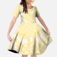 Pastel Yellow Mermaid Puakenikeni Maile Lei Family Matching Off Shoulder Maxi Dress and Hawaiian Shirt LT01 Daughter's Dress Yellow - Polynesian Pride