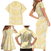 Pastel Yellow Mermaid Puakenikeni Maile Lei Family Matching Short Sleeve Bodycon Dress and Hawaiian Shirt LT01 - Polynesian Pride